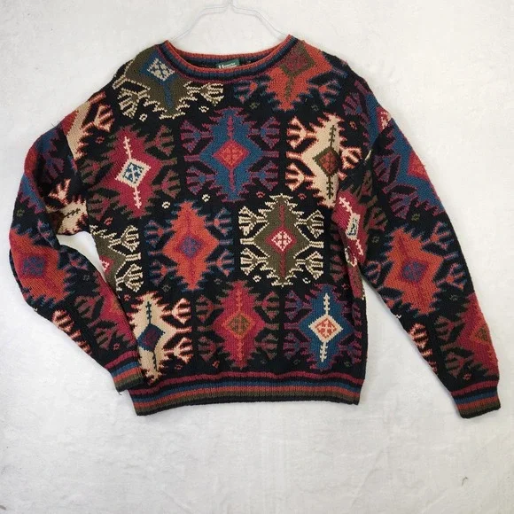 Vtg Hammacher Schlemmer Hand Knit Aztec Southwestern Cotton Sweater Mens M 90s - Picture 1 of 7